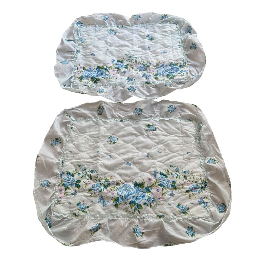 Vintage 1970s decorative pillow Shams Blue floral ruffled pillow sham Butterfly